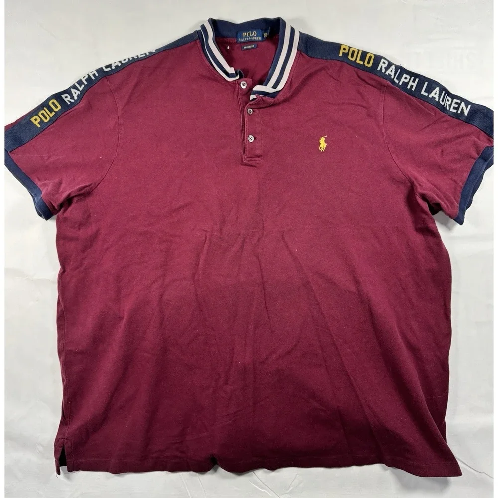 Polo Ralph Lauren Mens XXL Spell Out Polo Shirt Burgundy Yellow Pony Color Block